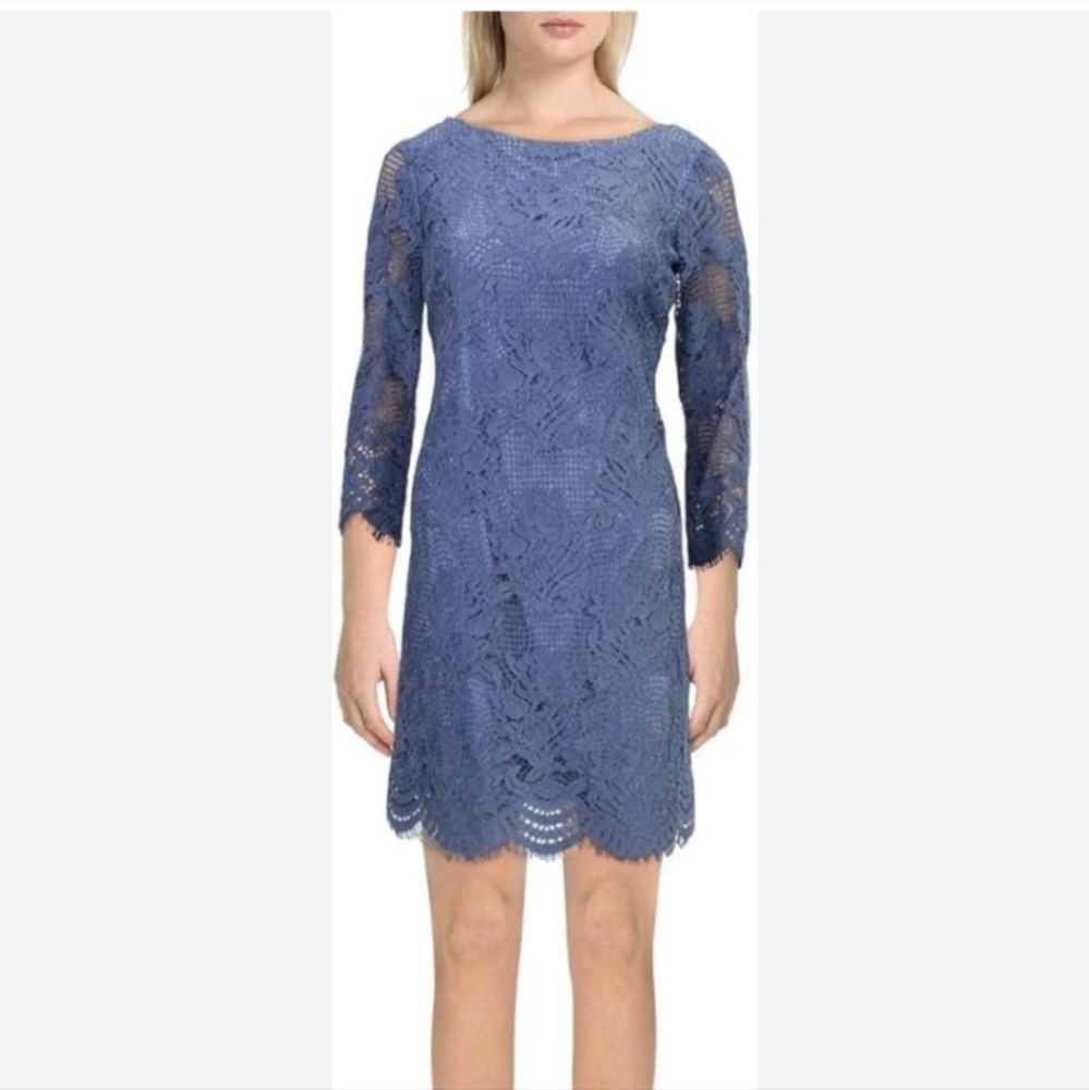 NWT Vince Camuto 3/4 Sleeve Lace Sheath Dress 4 Scallop Hem Blue New 8900